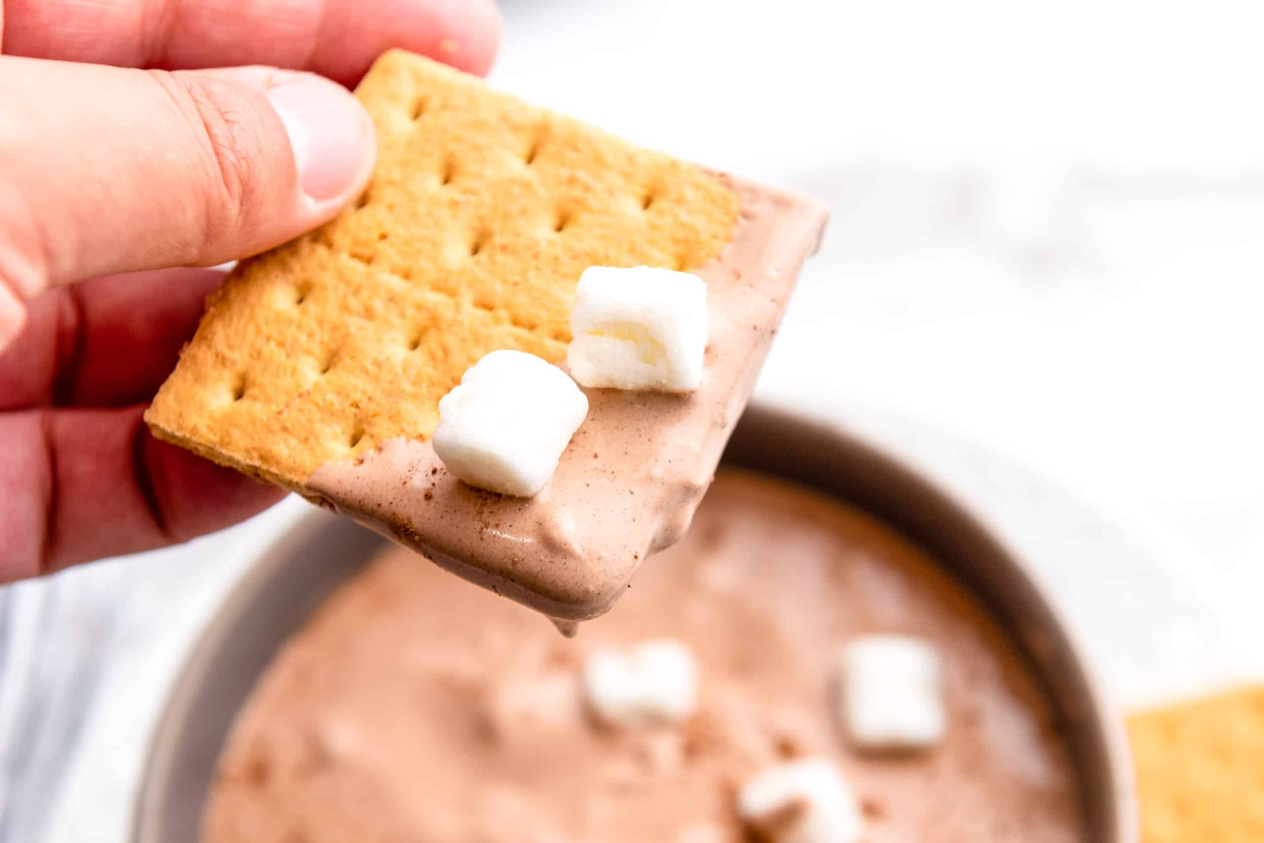finished hot cocoa dip with graham cracker and mini mashmallows