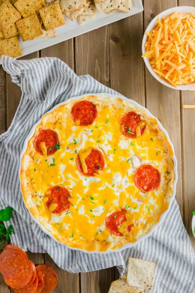 overhead photo of pepperoni pizza dip