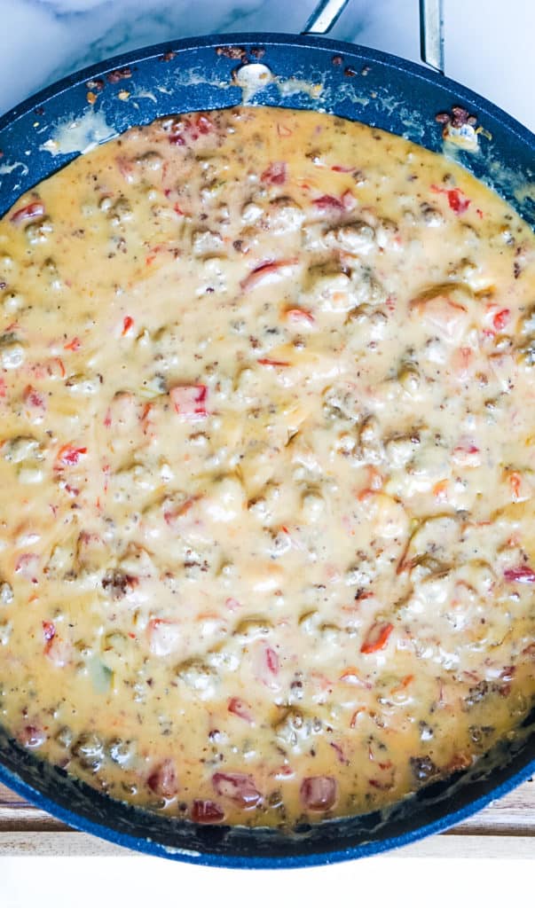 closeup of rotel dip fully cooked in a skillet