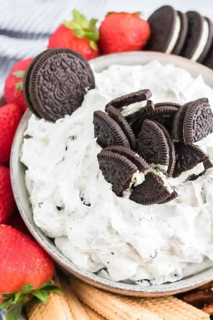 closeup of oreo dip also known as cookies and cream dip