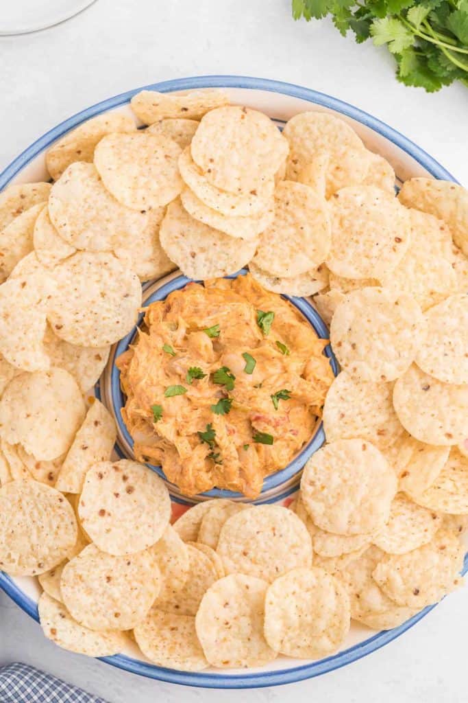 white chicken chili dip surrounded by round tortilla chips