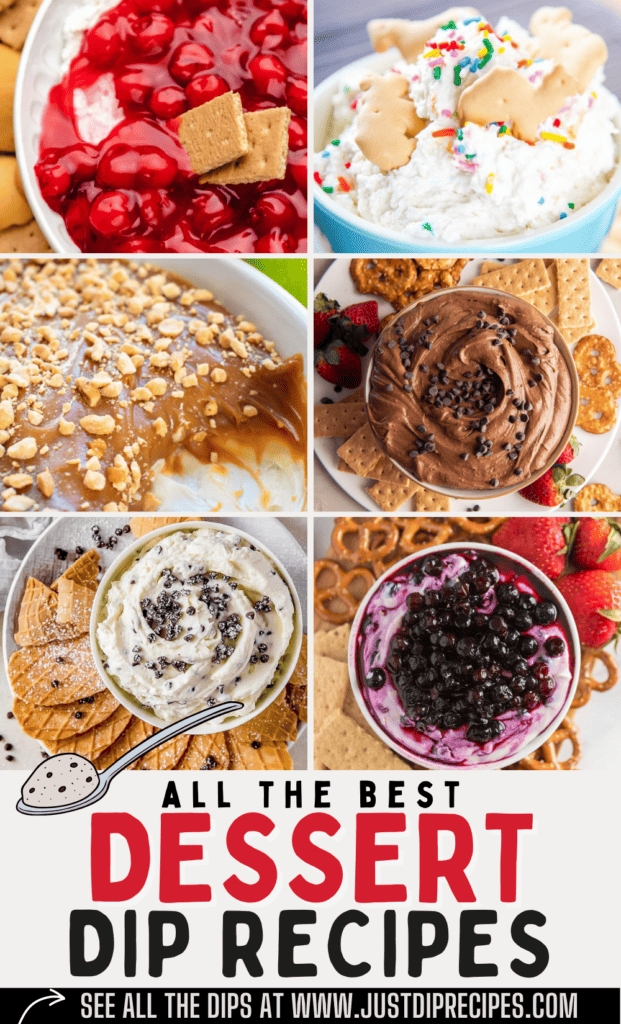 pinterest style photo featuring 6 different dessert dips