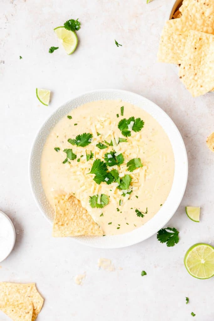 overhead photo of white queso dip