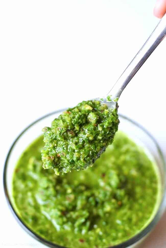 Homemade Chimichurri on a spoon