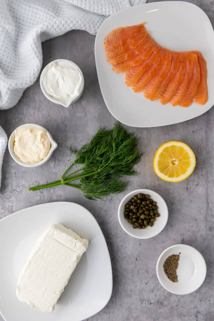 Salmon Cream Cheese Dip ingredients laid out on a counter