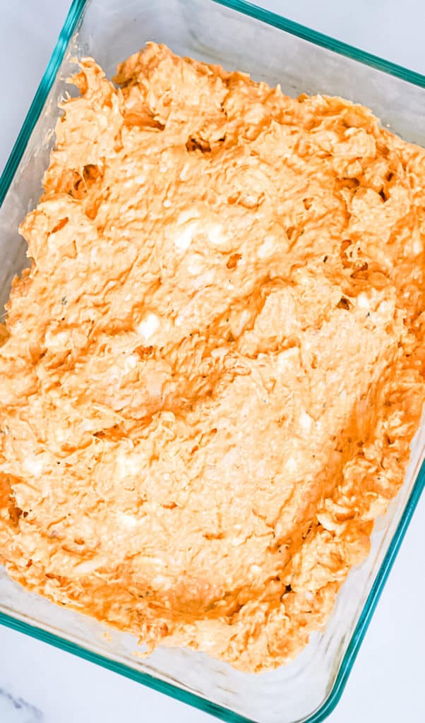 Franks red hot buffalo chicke dip in a 1-quart pyrex baking dish.