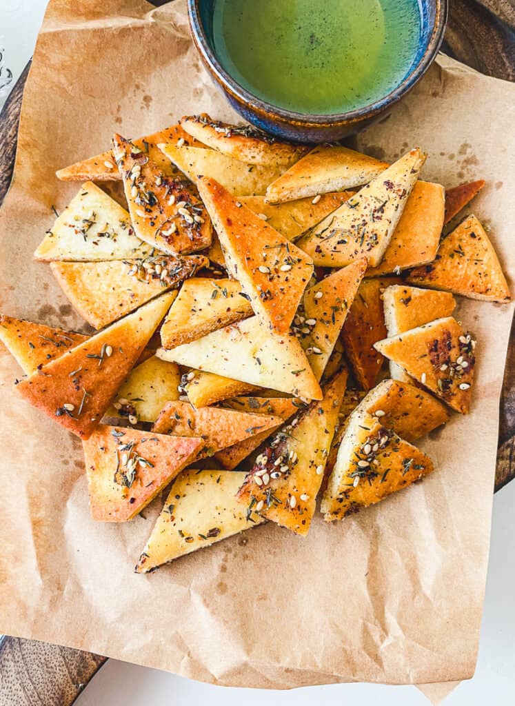 freshly made baked Zaatar Pita Chips ready for dipping