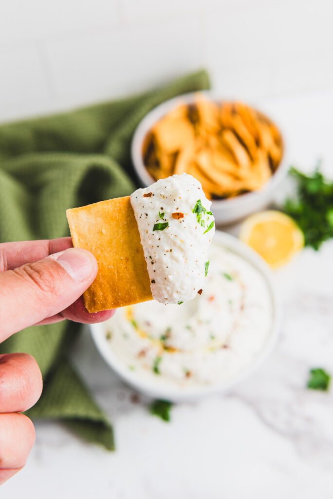 whipped feta dip on a chip