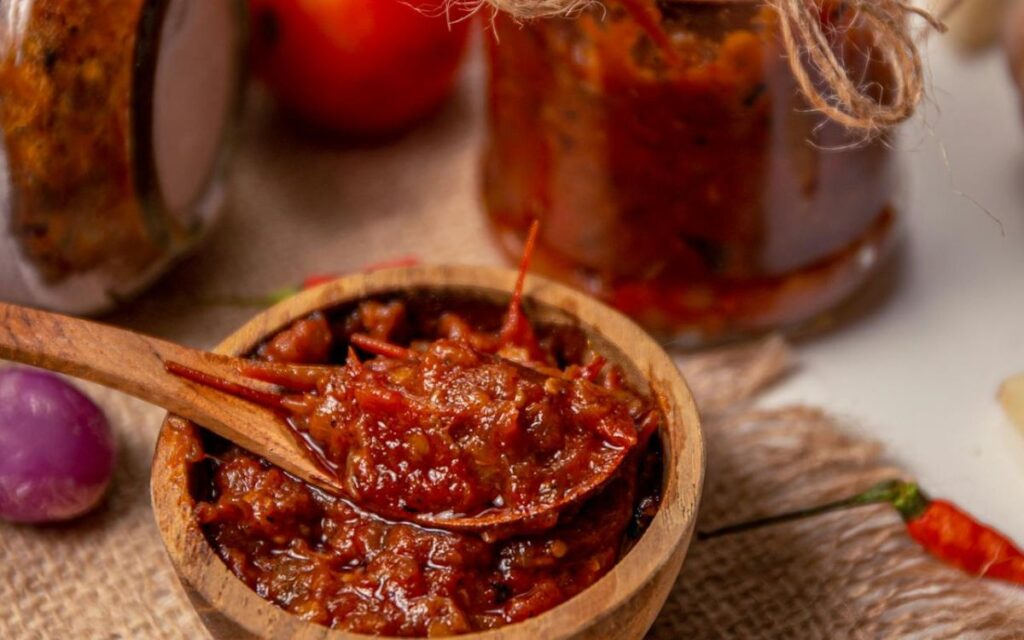 Chunky chili paste in bowl