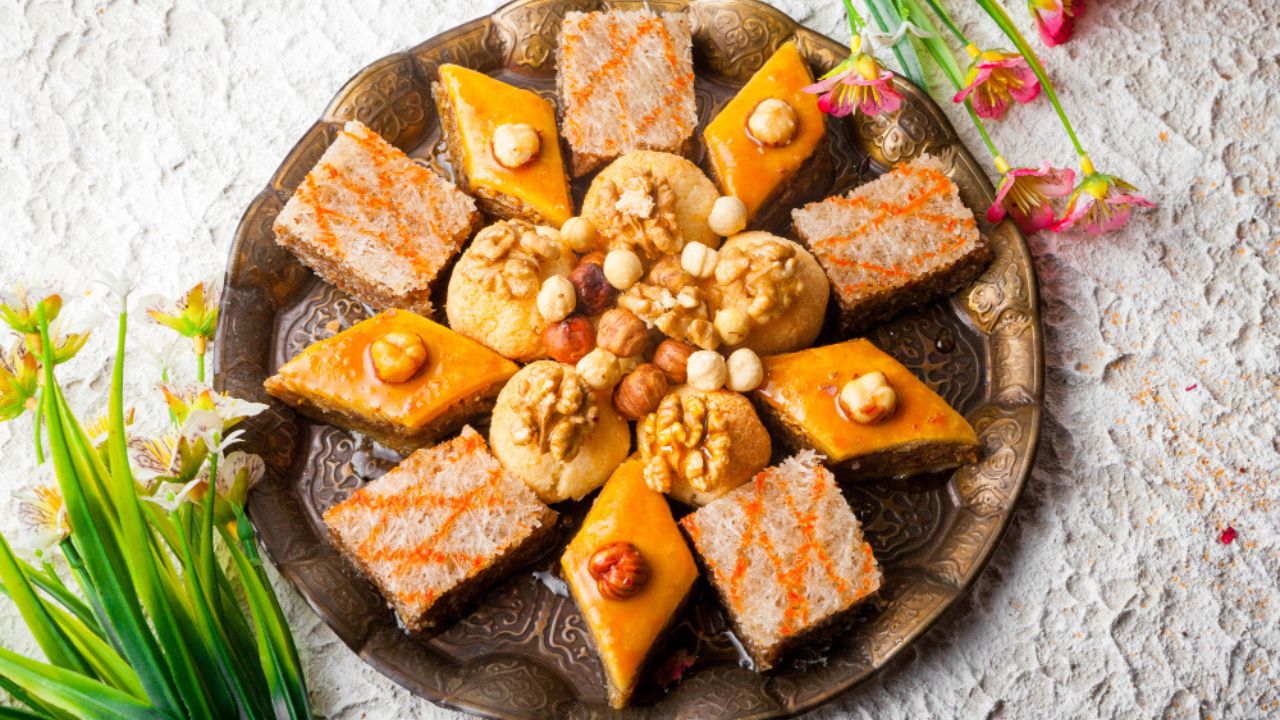 avatar From above assorted baked with baklava and baklava sheki and flowers