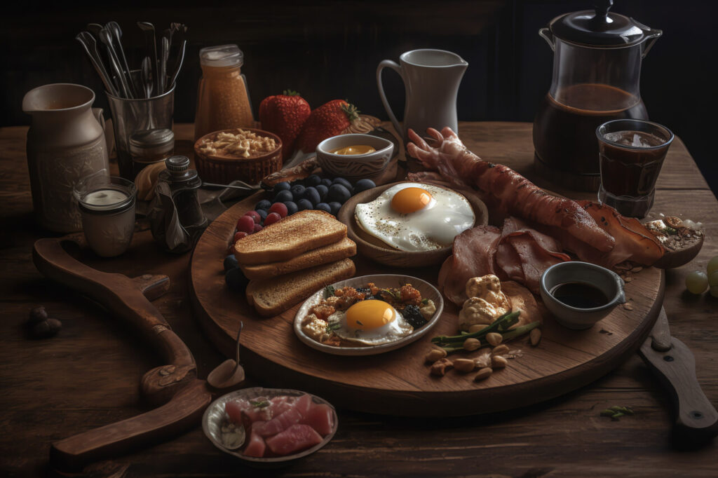 Vintage-style American breakfast table with a spread of retro foods