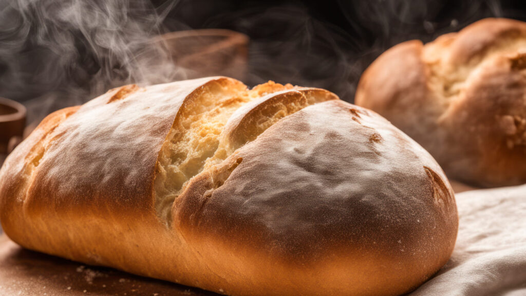 Freshly baked bread with a golden crust and steam rising_
