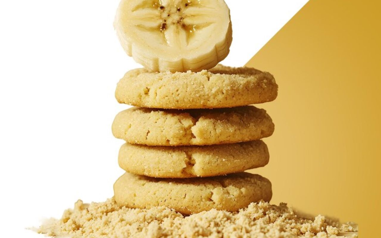 Stacked banana cookies topped with a banana slice