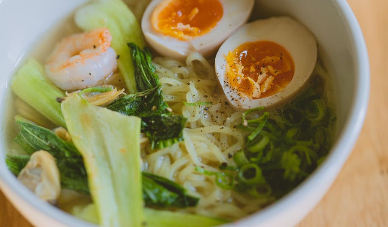 Bowl of noodle soup with vegetables