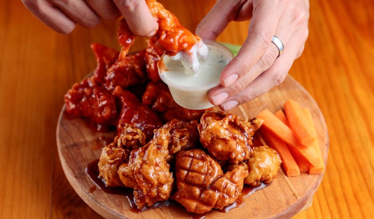 Buffalo Chickens Served on Wooden Tray