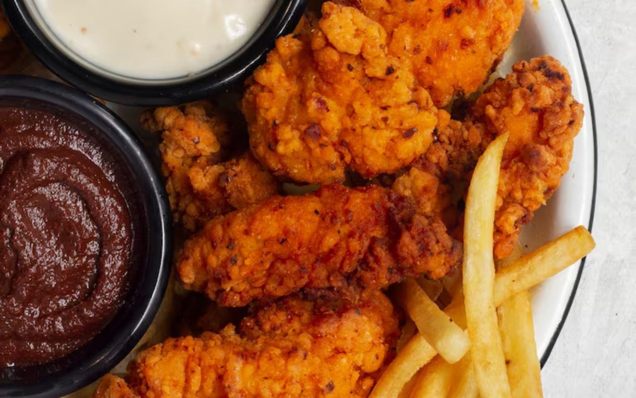 Chicken nuggets with fries and dips