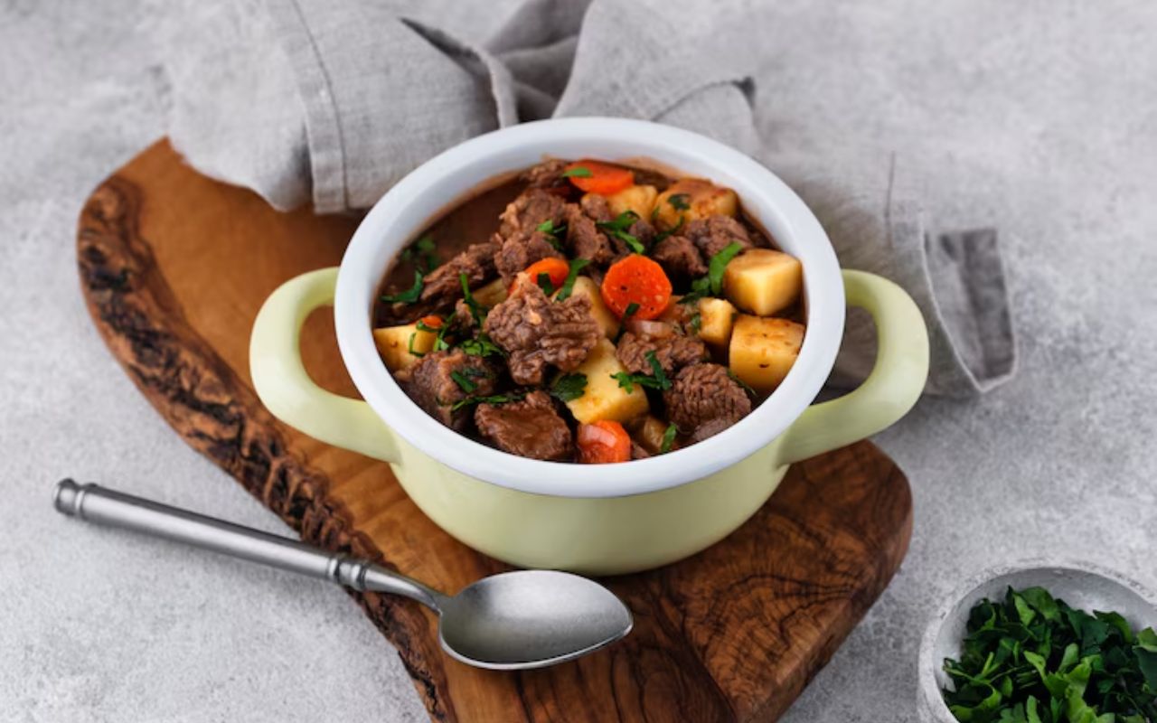Chunky beef chili with potatoes and carrots