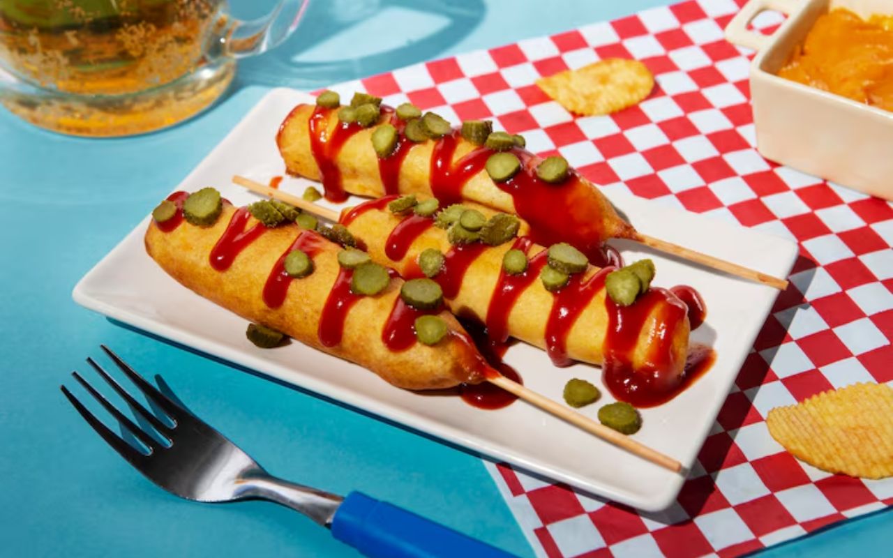 Corn dogs with ketchup and pickles