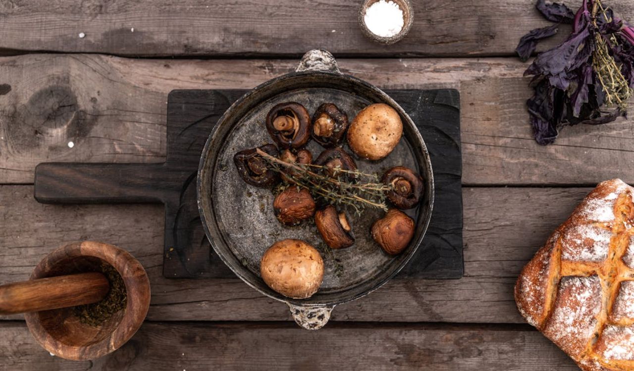 Flatlay Shot Of Food On Wooden Surface