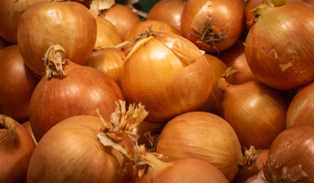 This close-up image captures a pile of fresh onions, showcasing their golden-brown skins and natural textures.