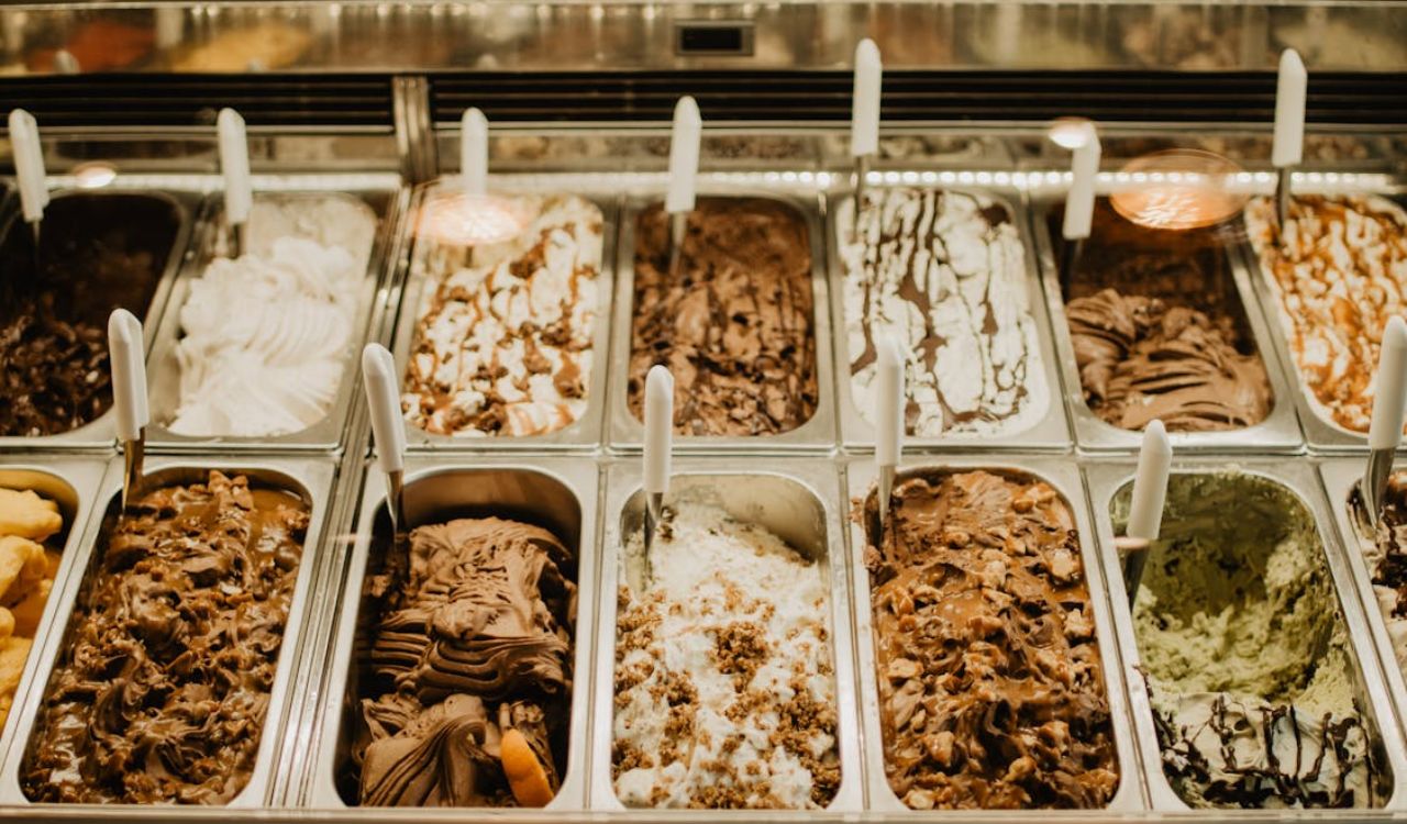 Gelato on Stainless Trays Inside a Display Freezer