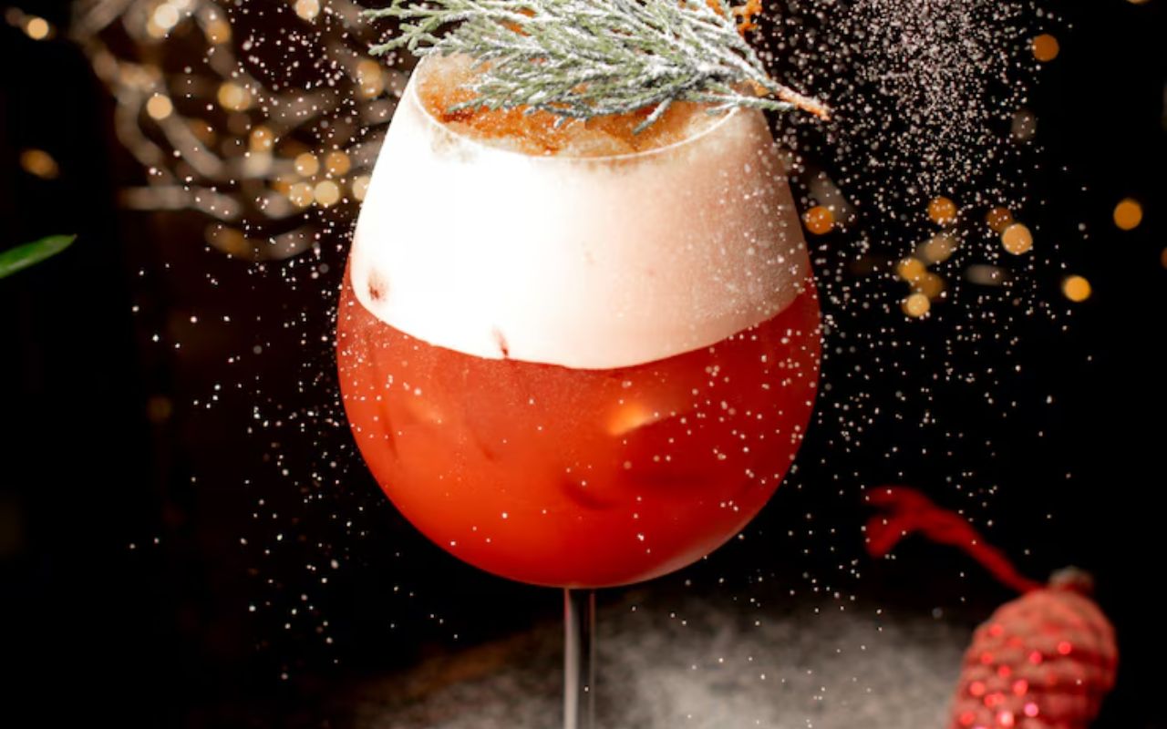 Frothy holiday cocktail with sugared pine
