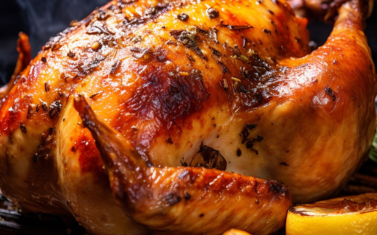 Close-up of golden roasted chicken with herbs