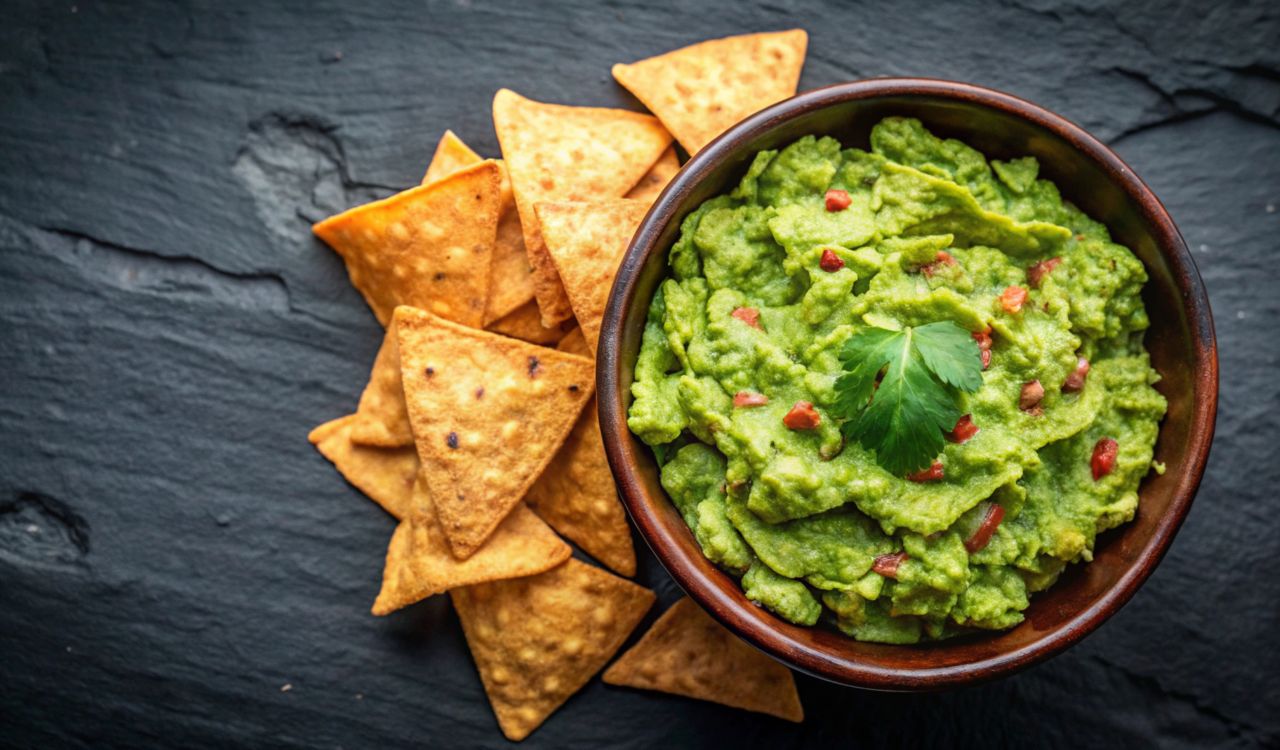 Bowl of guacamole with tortilla chips on black slate background