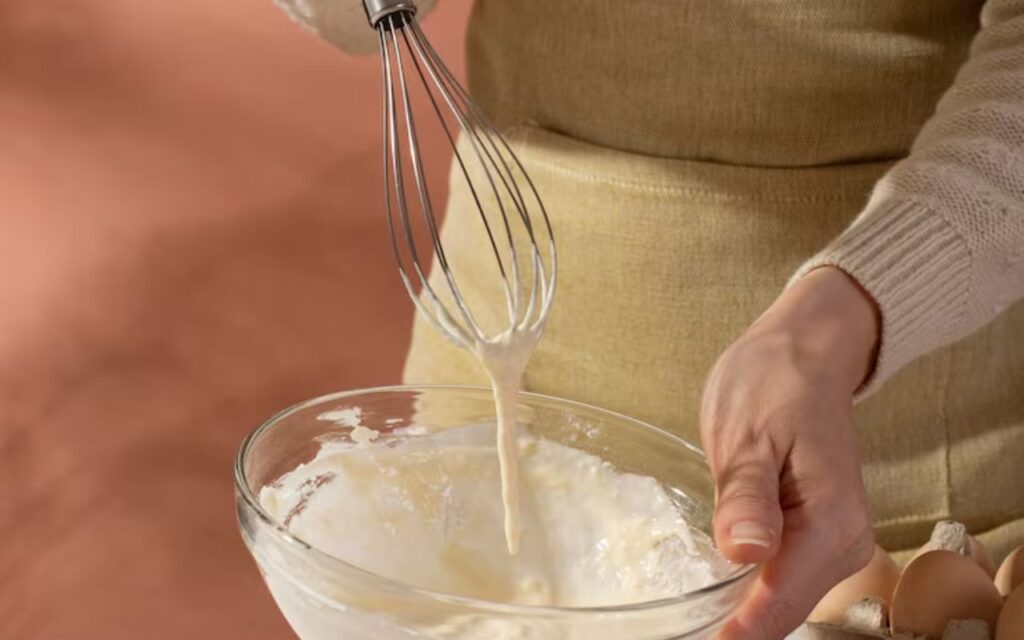 Person whisking batter in a glass bowl