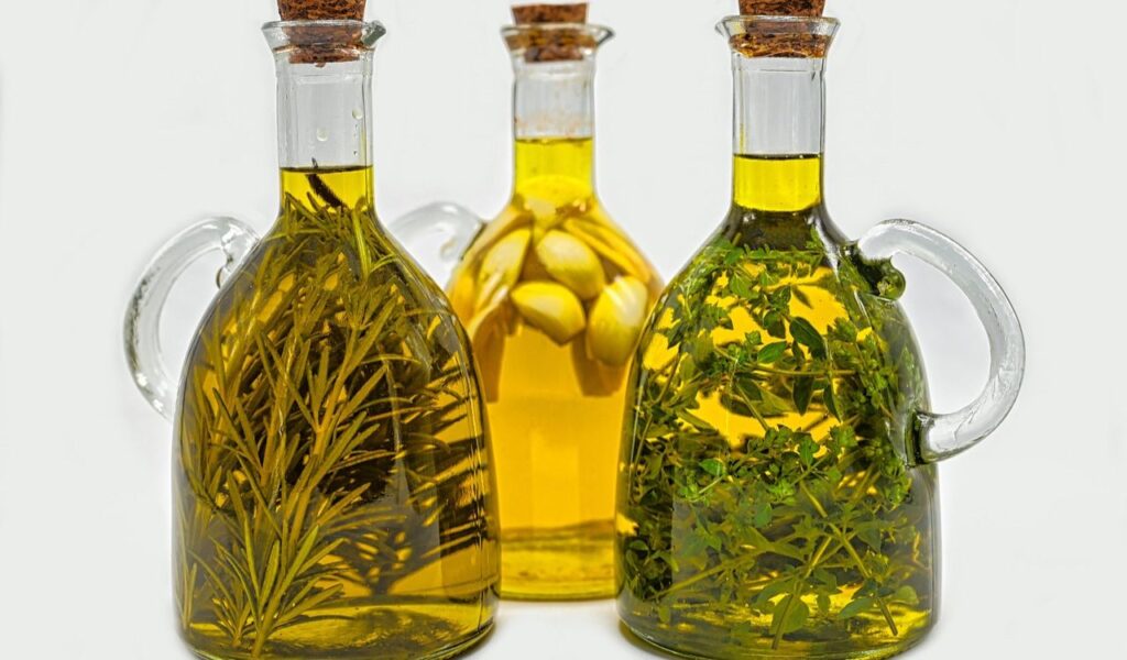 Glass, Herbs, Oil bottles image