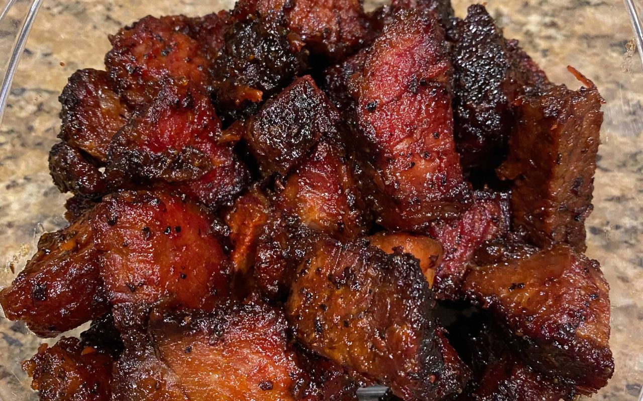 Smoked barbecue burnt ends with a caramelized crust