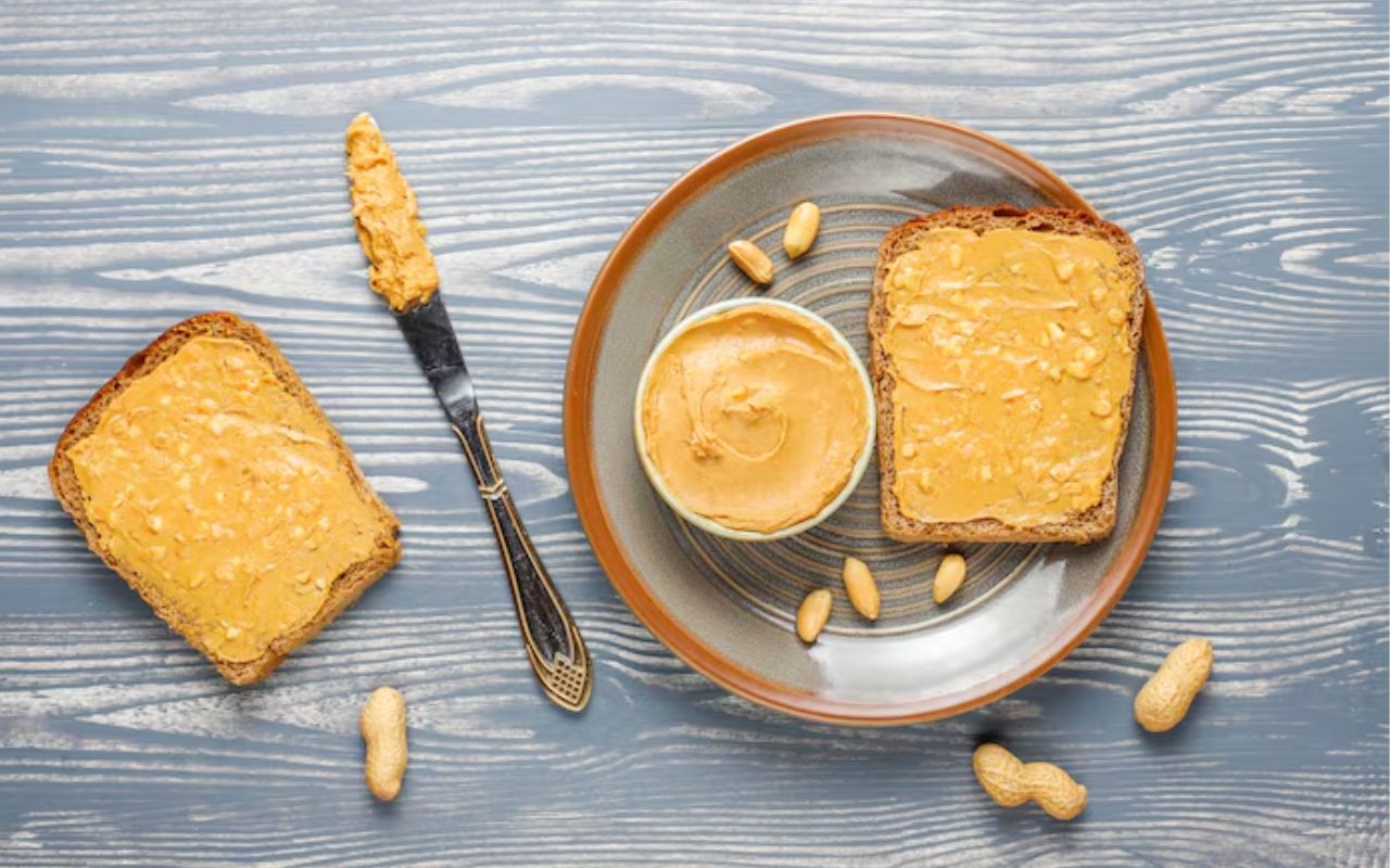 Peanut butter toast with bowl and knife