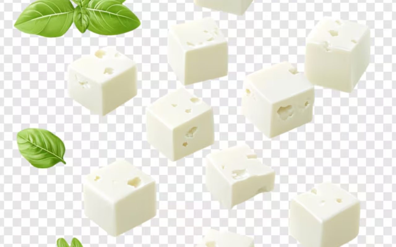 White cream cheese cubes with holes, surrounded by green basil leaves