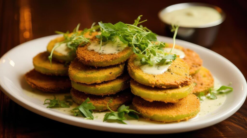 Fried green tomatoes with dipping sauce.