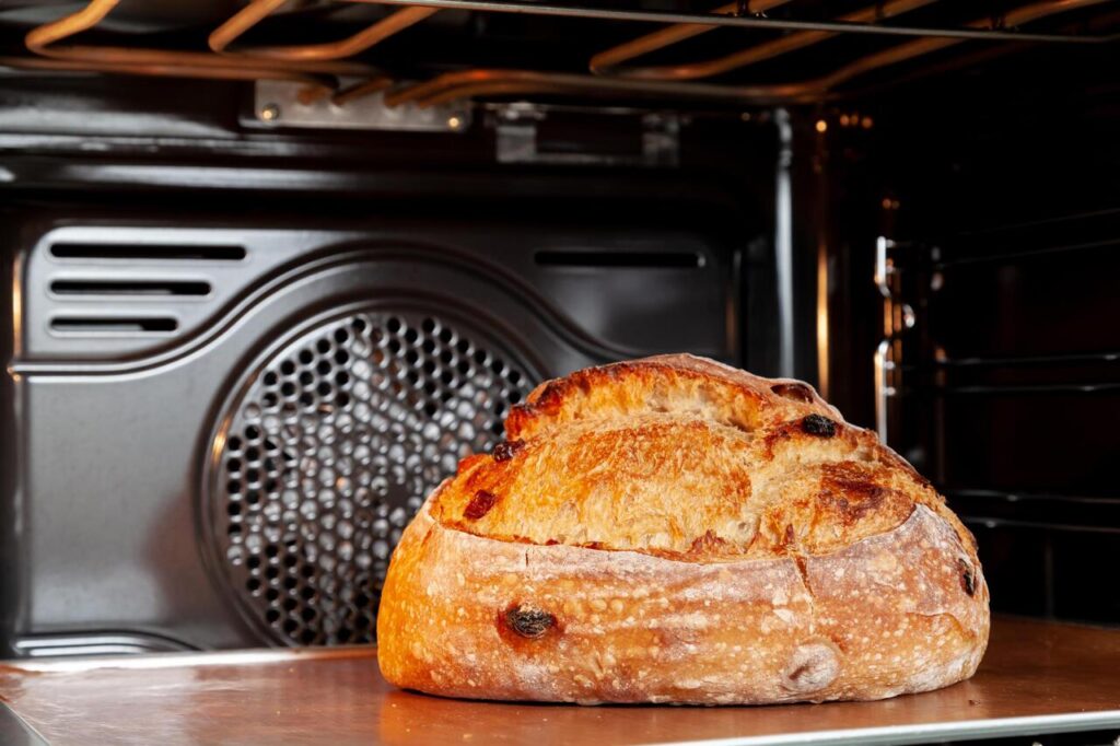 Freshly baked-looking bread in the oven with golden crust