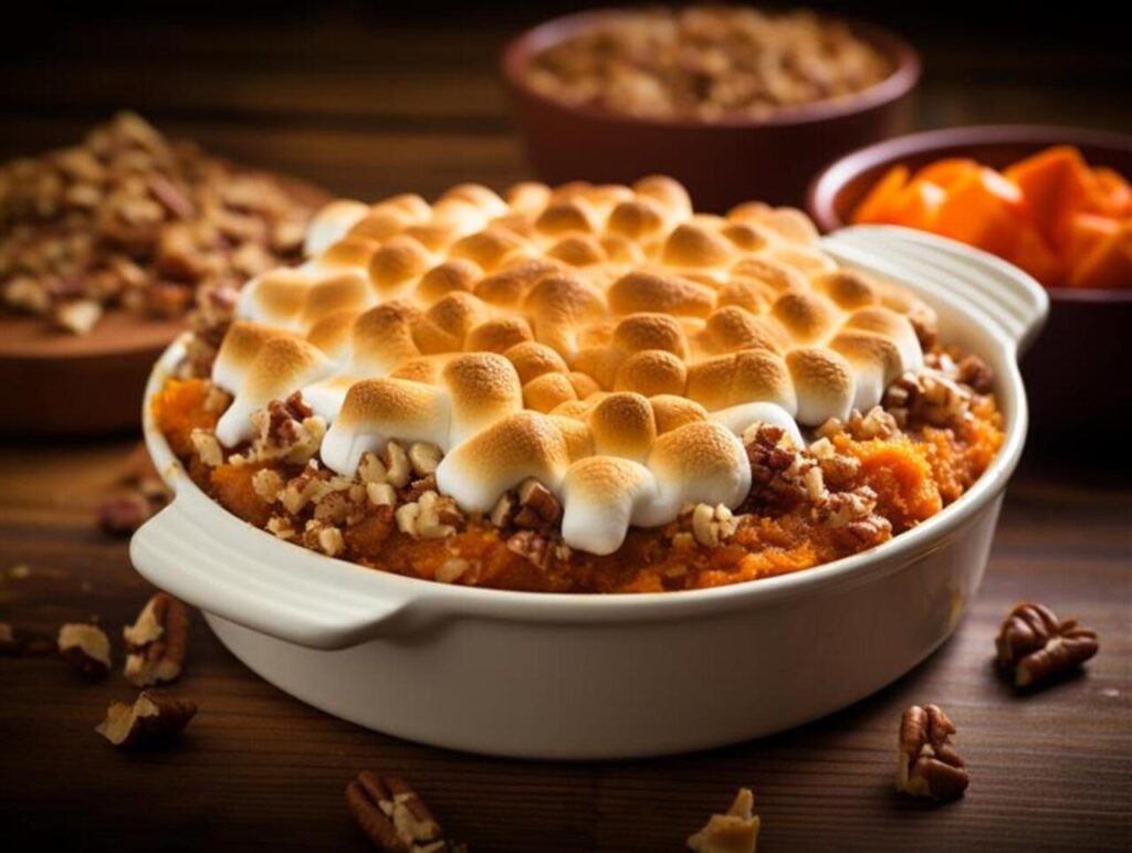 Sweet potato casserole topped with toasted marshmallows.