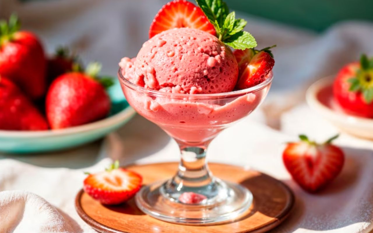 Strawberry ice cream served in a glass dish with fresh strawberries and mint