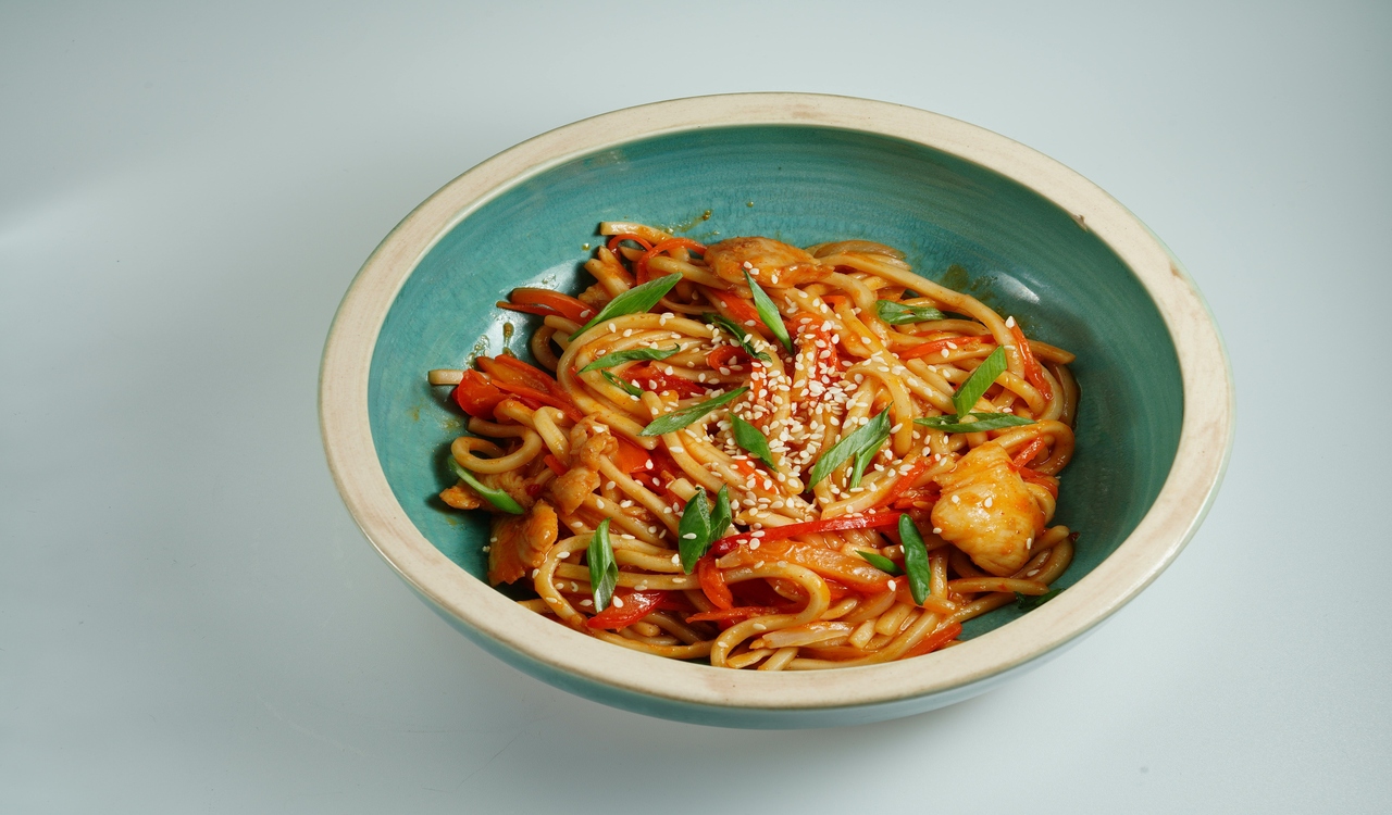 Close-up of Chicken Noodles Dish