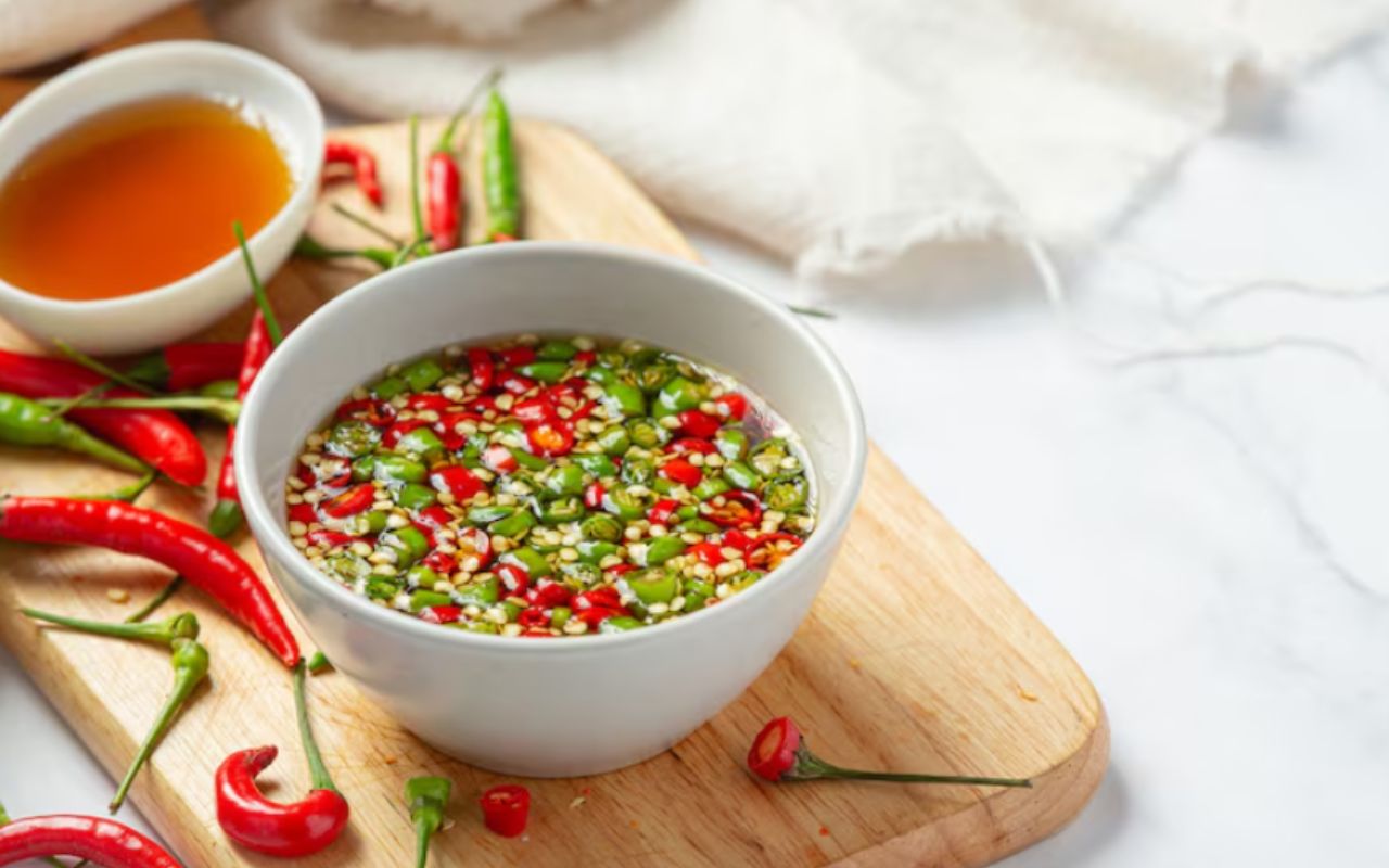 Chilli and fish sauce on white surface