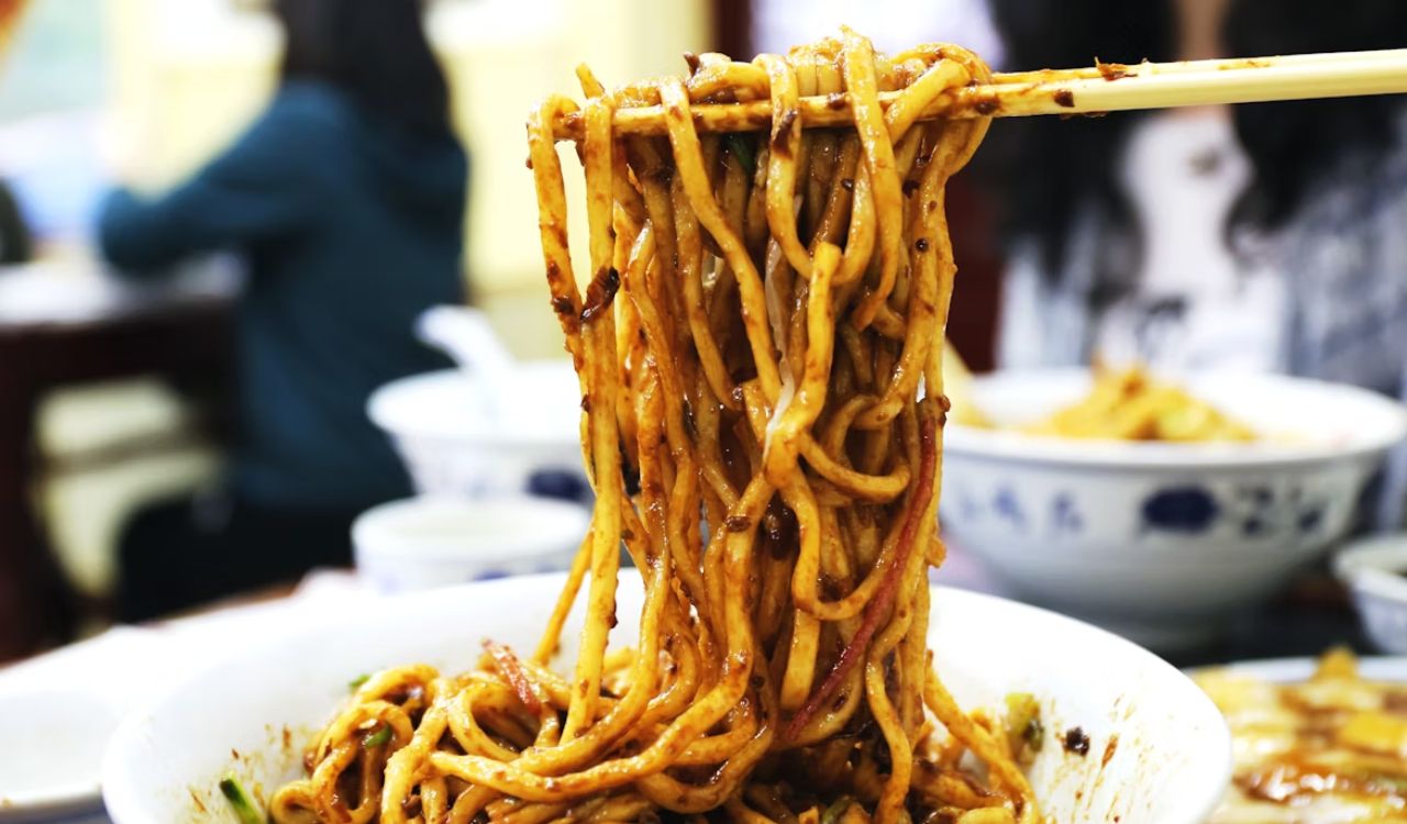 Noodles on white ceramic plate