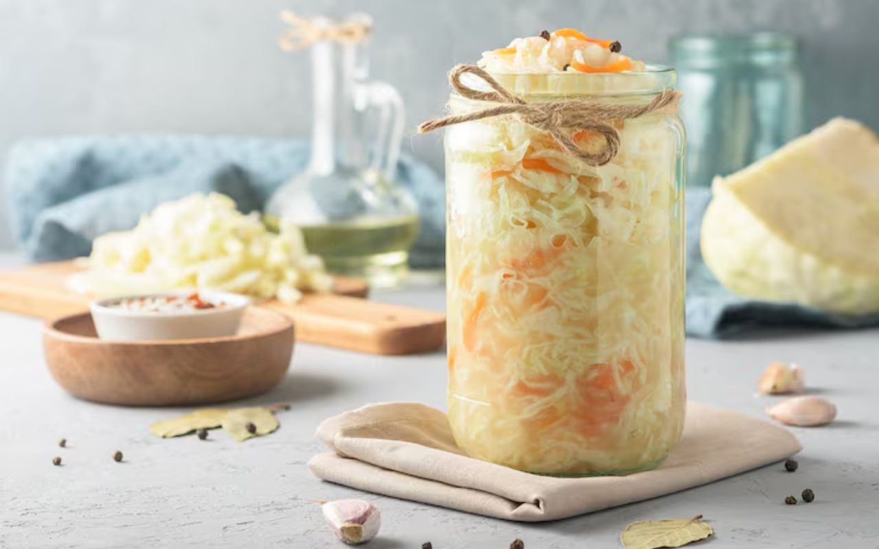 Jar of sauerkraut with carrots and seasoning