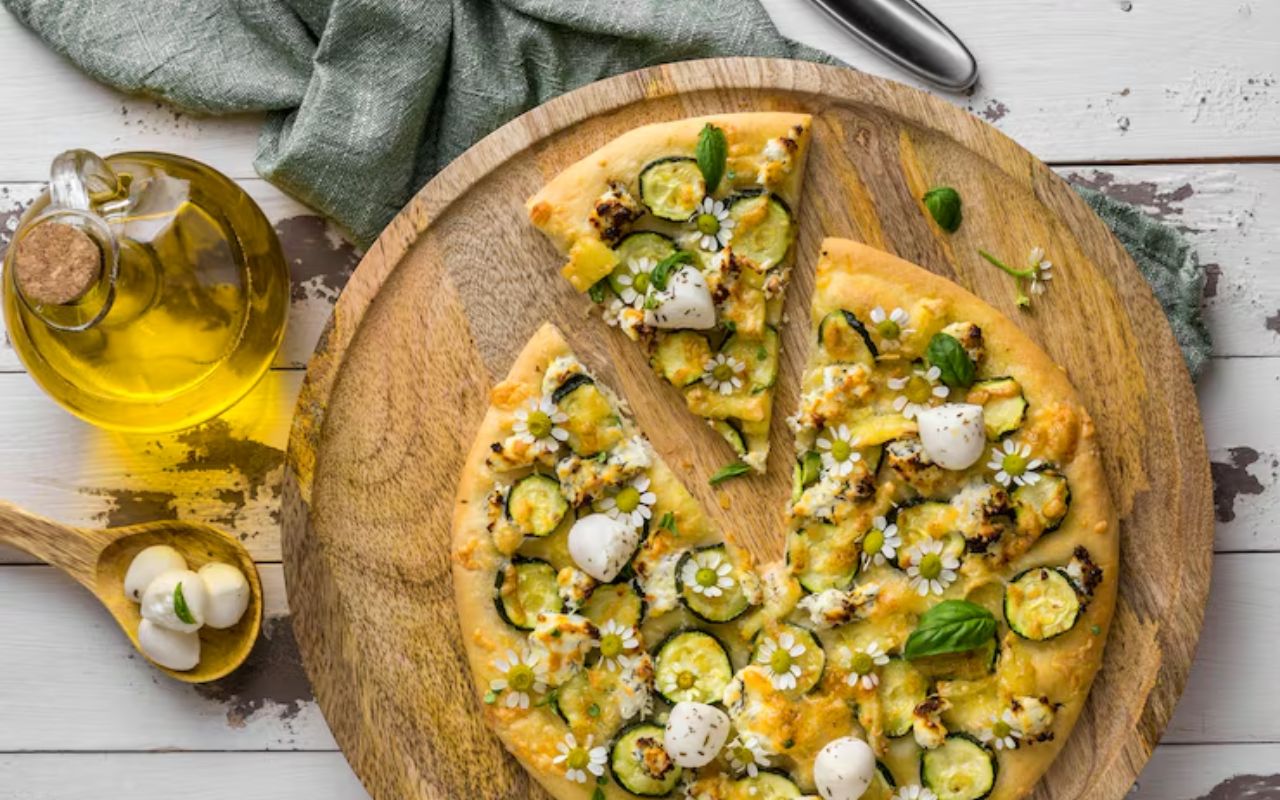 Pickle pizza with mozzarella and basil