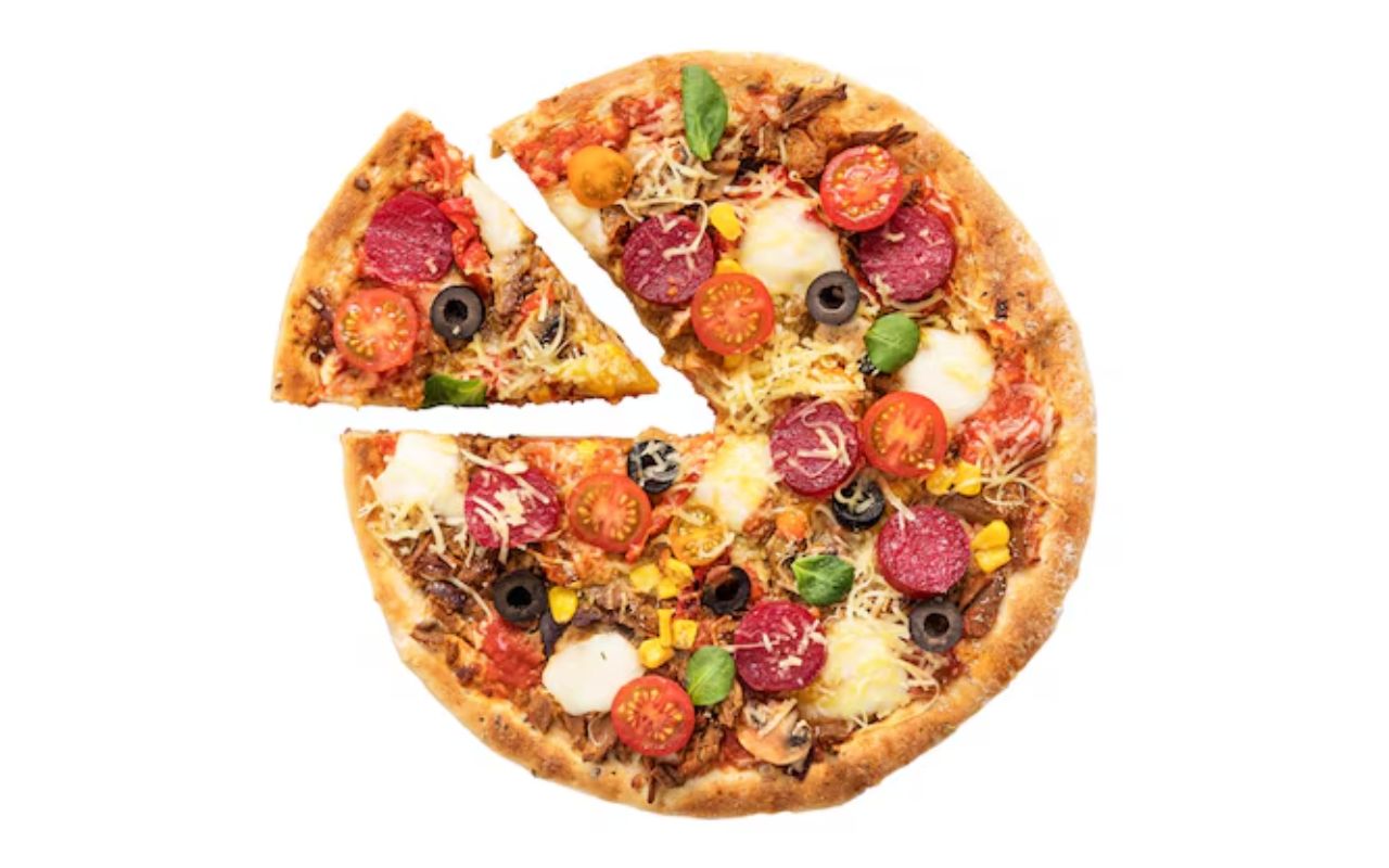Supreme pizza, one slice missing