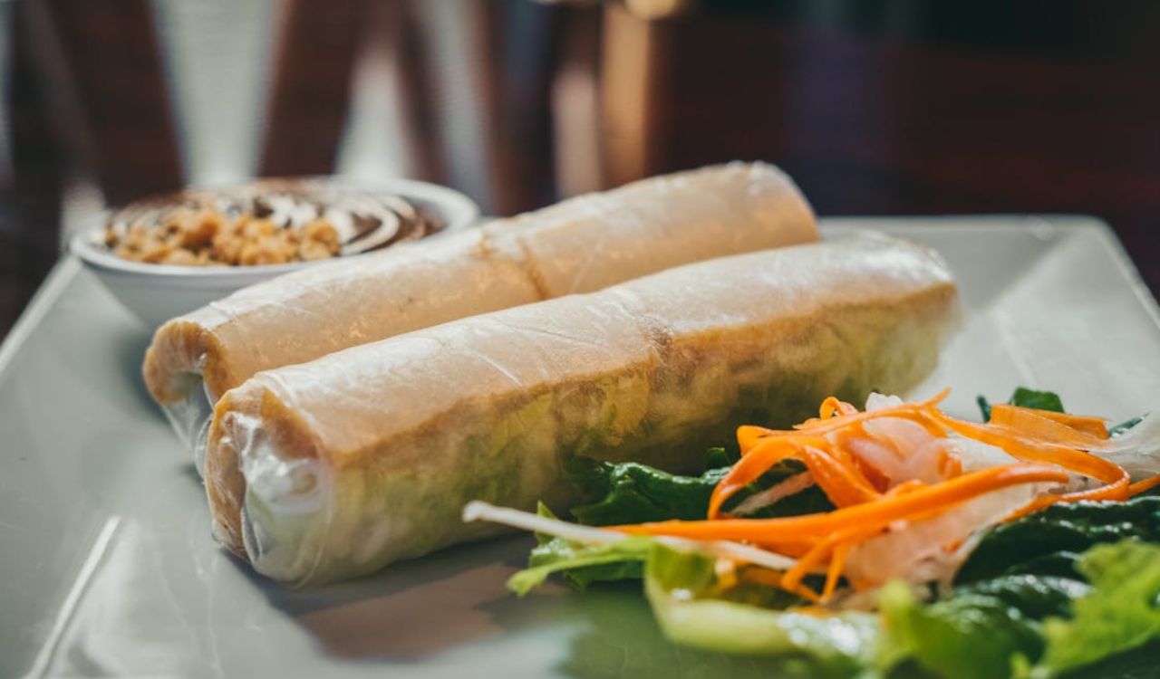 Rolled Food and Green Salad on a Ceramic Plate