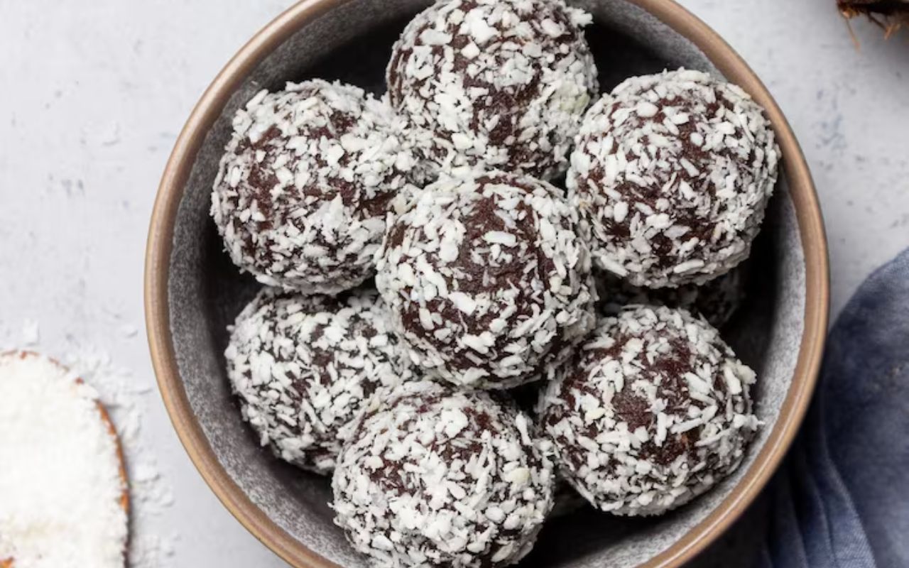 Coconut-coated chocolate balls in a bowl
