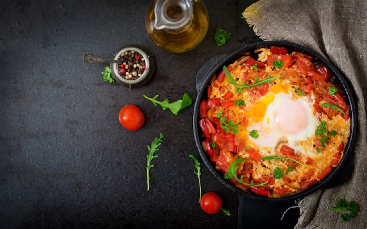 Breakfast. fried eggs with vegetables. shakshuka in a frying pan on a black