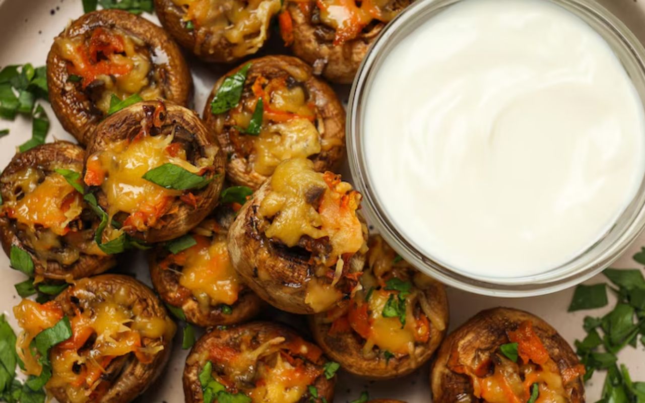 Spinach-artichoke stuffed mushrooms with dip