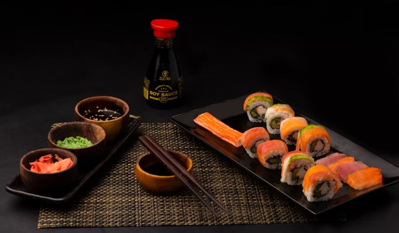 Sushi on black ceramic plate