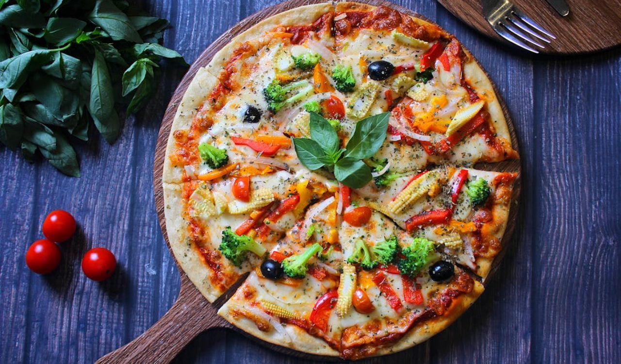 Veggie Pizza on Brown Wooden Tray