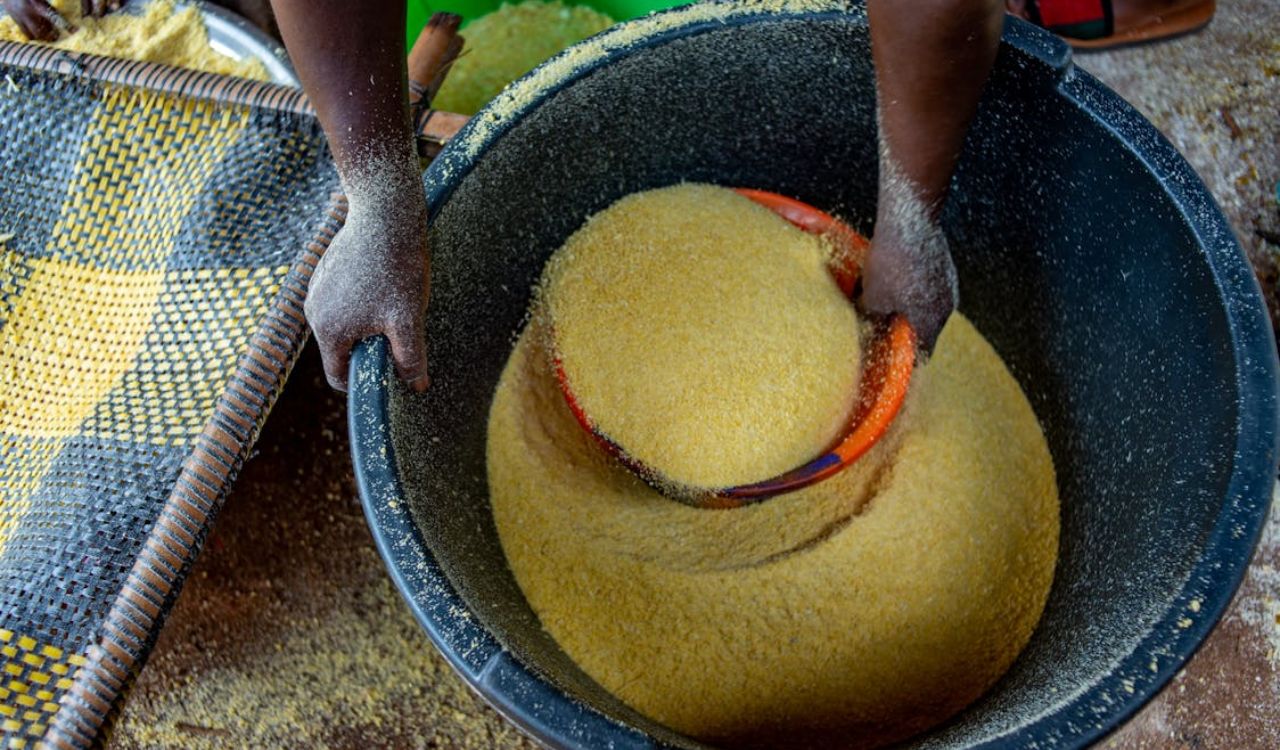 Woman Using Cornmeal for Cooking